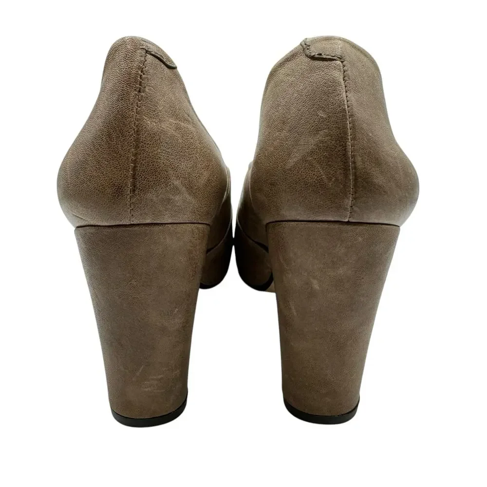 Audley London Retro Pin Up Pumps Almond Toe 39 Heels Tan Grey Neutral Closed Toe